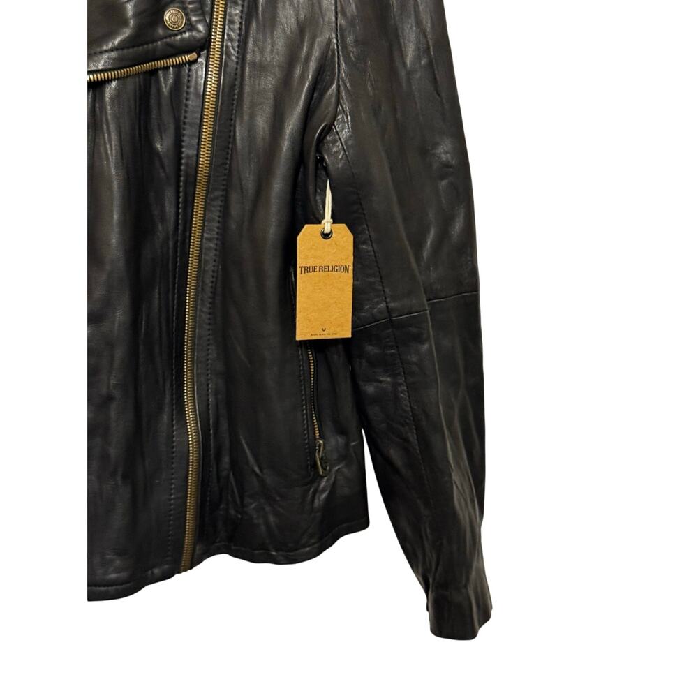 True Religion Black Genuine Lambskin Leather Double Zip Moto Jacket Rare Medium - Picture 4 of 13
